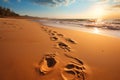 Footprints etched in sand, kissed by the suns farewell embrace