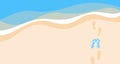 Footprints and flip flops on the sand near the sea waves with copy space. Flat vector illustration Royalty Free Stock Photo