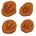 Footprints of a fossil dinosaur. Set of Dino reptile foot trail. Paw in brown clay or stone.