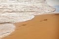Footprints at golden sand, footsteps. Sea background, nature of tropical summer beach with rays of sun light. Sand beach Royalty Free Stock Photo