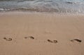 Footprints at golden sand, footsteps. Sea background, nature of tropical summer beach with rays of sun light. Sand beach Royalty Free Stock Photo