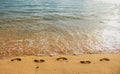 Footprints at golden sand, footsteps. Tropical beach with sea sand on summer vacation. Royalty Free Stock Photo