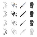 Footprints on the ground, a bunch of skeleton keys, a knife, a mask of a criminal. Prison set collection icons in Royalty Free Stock Photo