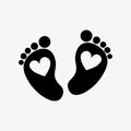 footprints with heart, contour of foot, sole, black color.