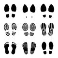 Footprints. Human boot footsteps, shoes funny contour. Vector black footsteps silhouettes isolated on white Royalty Free Stock Photo