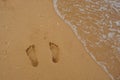 Footprints of human feet on the sand near the water Royalty Free Stock Photo