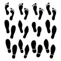 Footprints human shoes silhouette, vector set, isolated on white background. Vector illustration Royalty Free Stock Photo