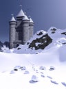 Footprints leading to enchanting fairy tale princess castle in the snowy mountains