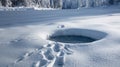 Footprints leading to an ice hole on a snowy landscape Royalty Free Stock Photo