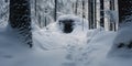 Footprints leading to a mysterious, snow-covered doorway in the middle of a forest , concept of Enigmatic pathway