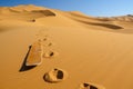 footprints leading to a sandboard in the desert Royalty Free Stock Photo