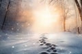 Footprints leave a trail on a fresh snowy ground. Generative AI