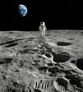 Footprints on lunar surface lead to a distant figure of astronaut, with Earth glowing brightly on a black starry sky. Generative