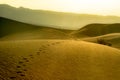 Footprints in desert dunes of Death Valley National park. Landscape image embodying self discover and perseverance. Royalty Free Stock Photo