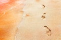 Footprints on a multicolored pink sand on a deserted red beach. Tropical sand background. Travel concept. Royalty Free Stock Photo