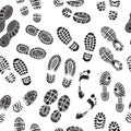 Footprints pattern. Male and female foots silhouettes human shoes walking seamless background vector textile design