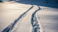 Footprints, prints in snow in forest, sunset background. Active recreation, winter sports. AI generated. Royalty Free Stock Photo