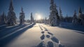 Footprints, prints in snow in forest, sunset background. Active recreation, winter sports. AI generated. Royalty Free Stock Photo