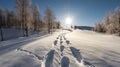 Footprints, prints in snow in forest, sunset background. Active recreation, winter sports. AI generated. Royalty Free Stock Photo