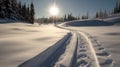 Footprints, prints in snow in forest, sunset background. Active recreation, winter sports. AI generated. Royalty Free Stock Photo