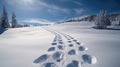 Footprints, prints in snow in forest, sunset background. Active recreation, winter sports. AI generated. Royalty Free Stock Photo