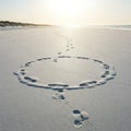 Footprints running in a circle on a sandy beach. Royalty Free Stock Photo
