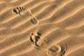 Footprints In The Sand. Early Morning Sunlight Through Sand Dunes And Mountains In Mesquite Flat Dune, Death Valley National Park Royalty Free Stock Photo