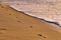 Footprints in sand. Feet of mother and child walk along shore. Summer memories. Royalty Free Stock Photo