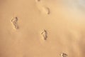 Footprints in the sand. Human footprints leading away from the viewer. A row of footprints in the sand on a beach in the