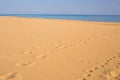 Footprints in the sand at sunset. Beautiful sandy tropical beach with sea waves. Footsteps on the shore. Royalty Free Stock Photo