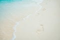 Footprints in the sand at sunset. Beautiful sandy tropical beach with sea waves. Footsteps on the shore Royalty Free Stock Photo