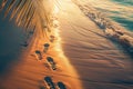Footprints in the Sand at Sunset on Exotic Beach. Generative ai Royalty Free Stock Photo