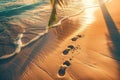 Footprints in the Sand at Sunset on Exotic Beach. Generative ai Royalty Free Stock Photo