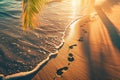 Footprints in the Sand at Sunset on Exotic Beach. Generative ai Royalty Free Stock Photo