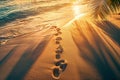 Footprints in the Sand at Sunset on Exotic Beach. Generative ai Royalty Free Stock Photo