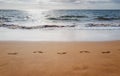 Footprints in the sand at sunset. Sandy tropical beach with sea waves. Footsteps on the shore.