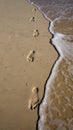 Footprints in the sand with waves