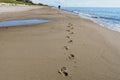 Footprints on the sea sand. Hike along the sea. Baltic coast and quiet sea