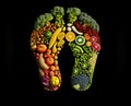 Footprints shape by various vegetables and fruits. Healthy food concept. Ai generated art Royalty Free Stock Photo