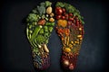 Footprints shape by various vegetables and fruits. Healthy food concept. Ai generated art