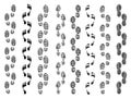 Footprints shapes. Movement direction of human shoes boots walking footprints vector silhouettes