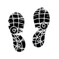 Footprints and shoeprints icon in black and white showing bare feet and the imprint of the soles with patterns of male