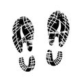 Footprints and shoeprints icon in black and white showing bare feet and the imprint of the soles with patterns of male