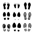 Footprints. Shoes and legs human steps, baby child and grown man footsteps, people funny step prints symbols. Vector Royalty Free Stock Photo