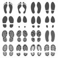 Footprints silhouettes. Barefoot steps prints, boots step and foot feet print isolated vector silhouette illustration Royalty Free Stock Photo