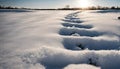 Footprints from snow boots leave a trail on a fresh