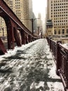 Footprints in snow covered bridge over Chicago River during heavy snowfall Royalty Free Stock Photo