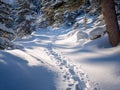 Footprints on Snow-Covered Pathway in winter forest Royalty Free Stock Photo