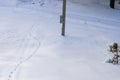 Footprints in a snow field and an electric pole in wintertime Royalty Free Stock Photo