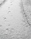 Footprints in snow path in winter